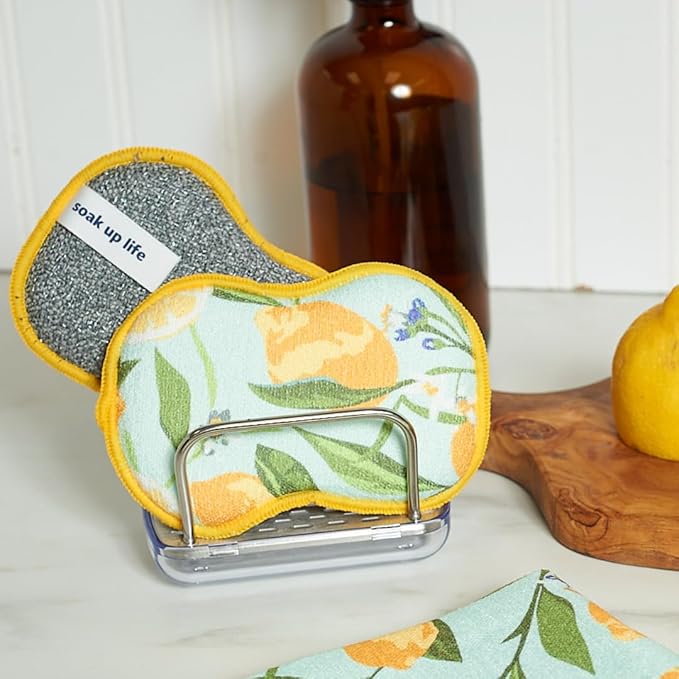 Bright Habits Sponge Set in Lemon Yellow, 6 Pack Super Absorbent Washable Reusable Cleaning Sponges Made from Recycled Materials, Durable Eco Friendly Kitchen Sponges
