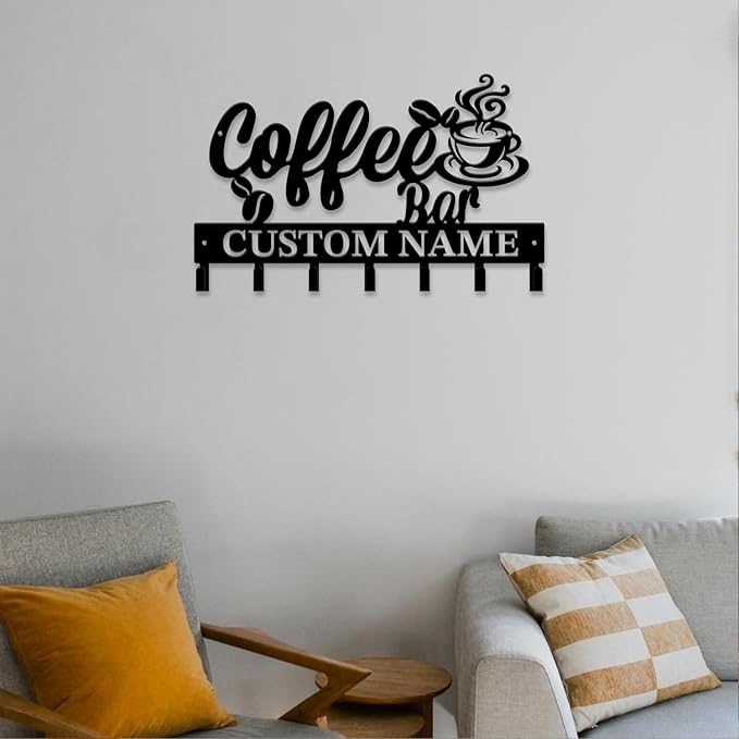 Personalized Custom Name Coffee Bar Wall Keys Hooks,Metal Coffee Shop Art Clothes Hooks,Metal Coffee Lover Wall Home Storage Decorative,For Front Door, Hallway, Kitchen, Bedroom,Keys,Hats (Style E)