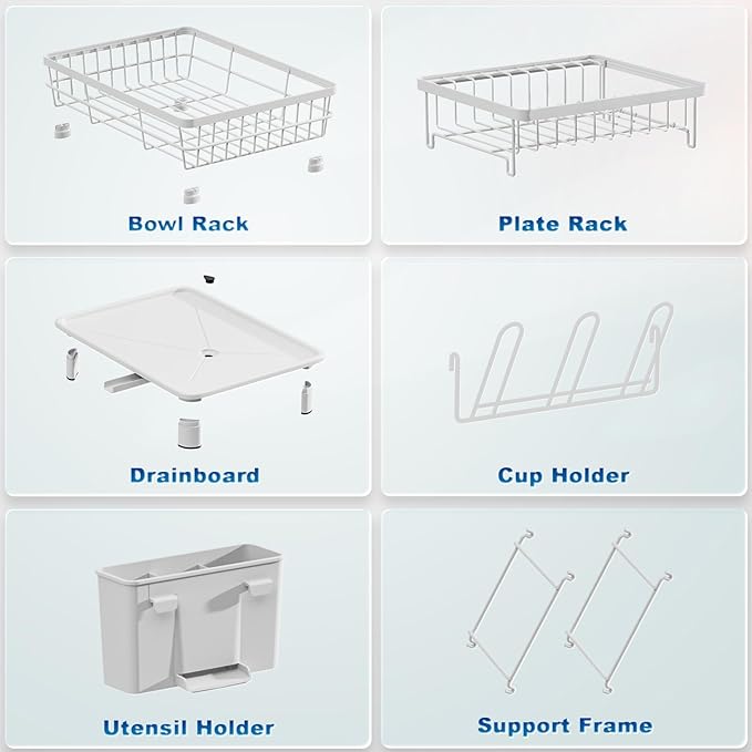 GAOKASE 2 Tiers Dish Drying Rack, Space-Saving Dish Racks for Kitchen Counter, Dish Drainer Drying Rack with Drainboard, Utensil Holder Cups Holder and Adjustable Swivel Spout, White