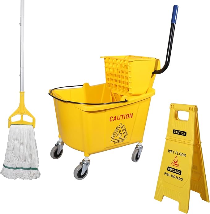 Midoneat Side Press Wringer Combo Commercial Mop Bucket on Wheels, 35 Quart,Yellow, Including Wet Floor Caution Sign（24Inch） and One Industrail Mop