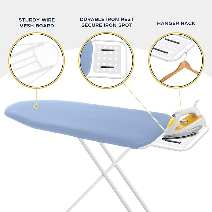 RAINHOL Full Size Ironing Board with Iron Rest, Heavy Duty Compact Ironing Board 43"x13" with Thick Cover and Pad, Height Adjustable Sturdy Iron Stand, Blue