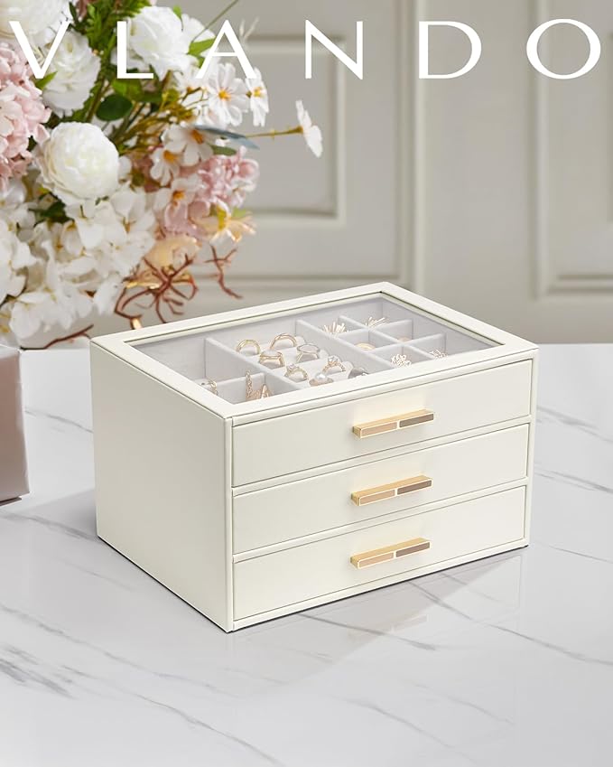 Vlando Jewelry Box for Women Girls,Jewelry Organzier,3 Drawers,Glass Lid Jewelry Organizer Storage for Gem Diamond Necklaces Rings Earrings Bracelets White