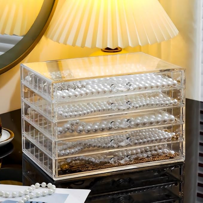 Necklace Box Tray with 5 Clear Drawers, Dustproof Necklaces Holder Storage Display Case, Necklace Tray Drawer for Pendant Suitable for Women and Girls (Transparent)
