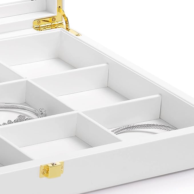 Oirlv White 12 Gird Jewelry Organizer Tray with Acrylic Lid Premium Leather Jewelry Box with Transparent Lid Bracelet Bangle Watch Display Case