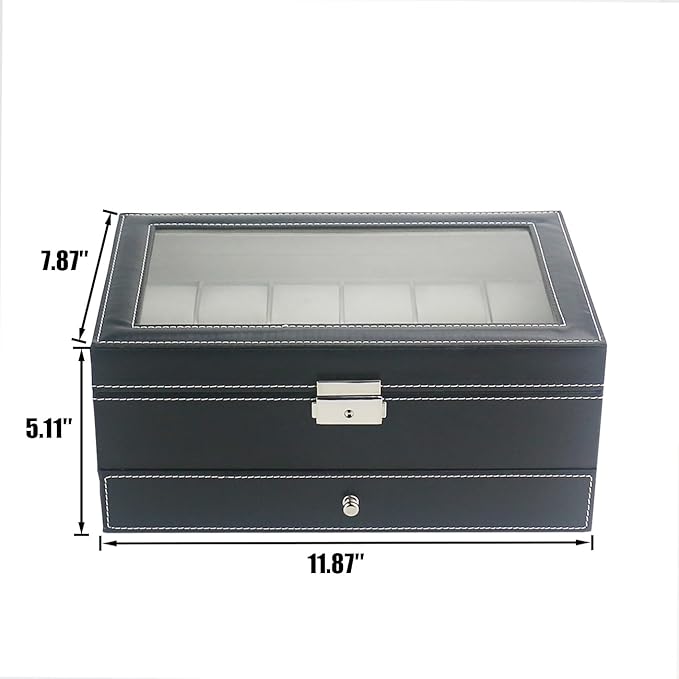 Ogrmar 12 Slot PU Leather Lockable Watch Storage Boxes, Men & Women Jewelry Display Drawer Case, 2-tier Organizer Watch Showcase with Glass Lid (Black)