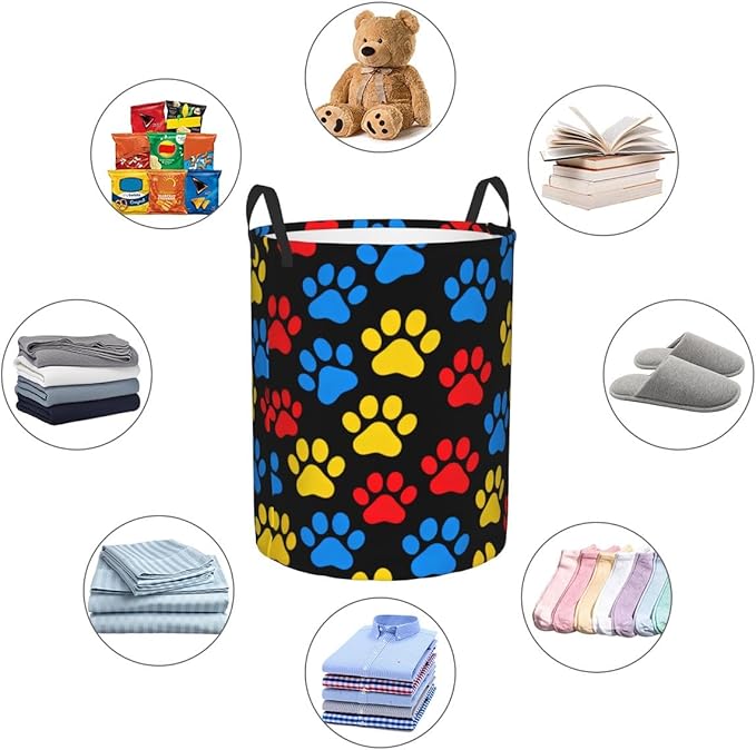 Laundry Hamper, Colorful Paw Print Pattern, Collapsible Polyester Storage Basket with Handles, 15.7x19.6 Inches (Colorful Paw)