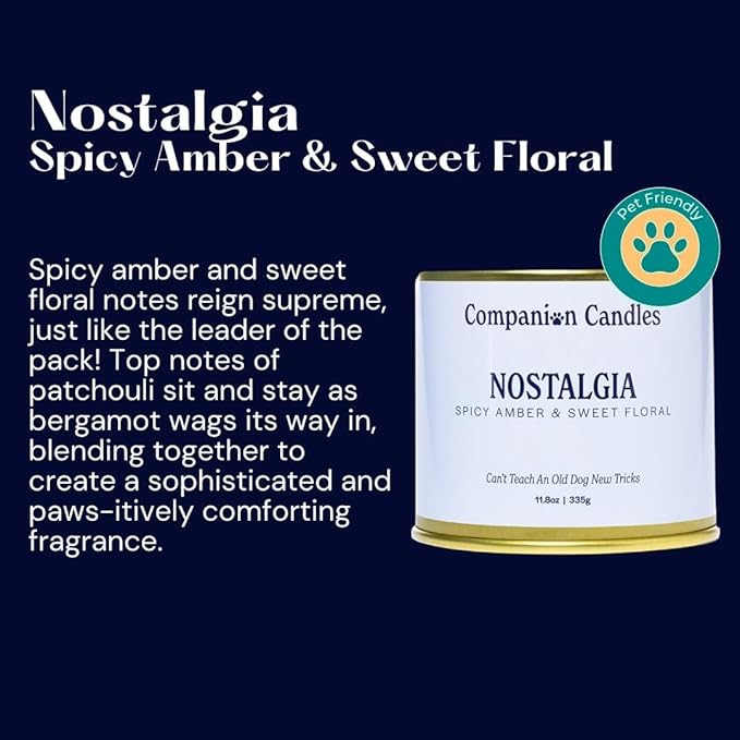 Companion Candles Pet Safe Wood Wick Candle - “Nostalgia” Spicy Amber & Sweet Florals, Coconut Soy Wax Scented, Over 50 Hr Burn Time, Non-Toxic, Women-Owned, Made in USA (11.8 oz.)