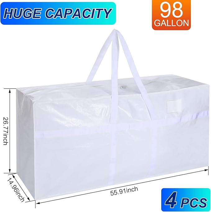 Windyun 4 Pack 98 Gallon Extra Large Moving Bags XXL Heavy Duty Storage Bag with Strong Zipper Handle Jumbo Big Tote Box Foldable for College Dorm Travel Clothes Duffle Blanket Pillow(White)
