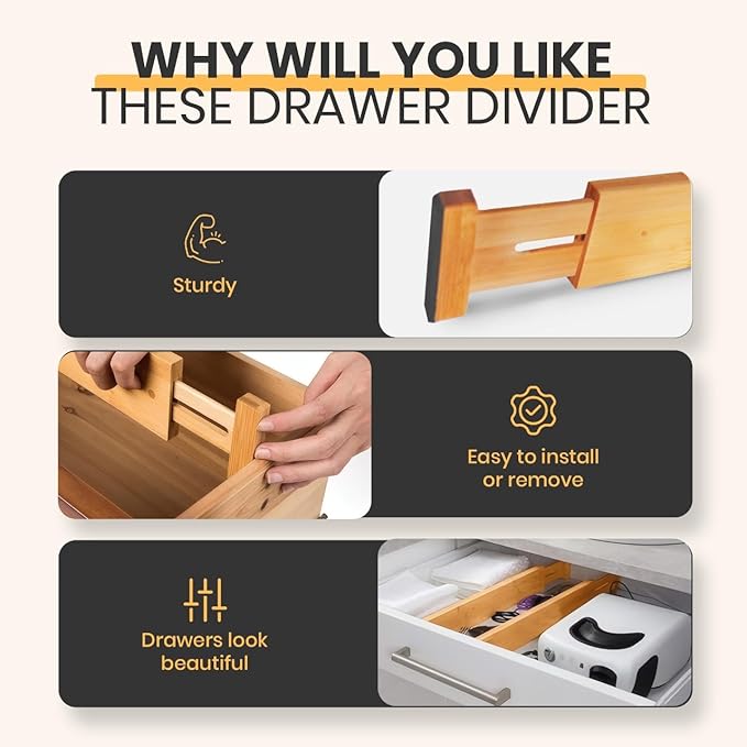 Palok Kisna Adjustable Bamboo Drawer Dividers, Drawer Organizer for Kitchen, Bedroom, Bathroom, Office Desk, Dresser Nursery & Silverware, Natural Wooden Separators with Soft Foam Ends, Expandable
