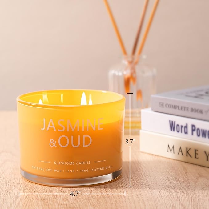 Jasmine & Oud Scented Candle, Luxury Large 3 Wick Soy Candle 12 Oz, 60+ Hour Long Lasting Clean Burn, Elegant Aromatherapy Home Decor, Housewarming & Birthday Gift for Men & Women