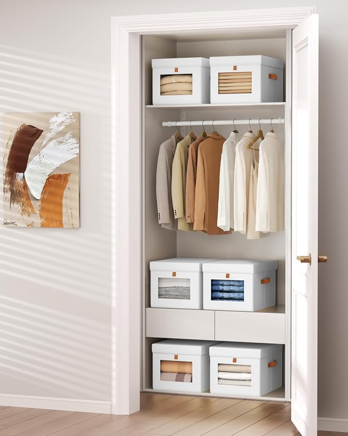Storage Bins with Lid – Closet Organizer with Side Opening and Clear Window, Foldable Stackable Fabric Basket for Clothes, Home, Office - 13.77" x 11.8" x 9.8", 3 Pack, White