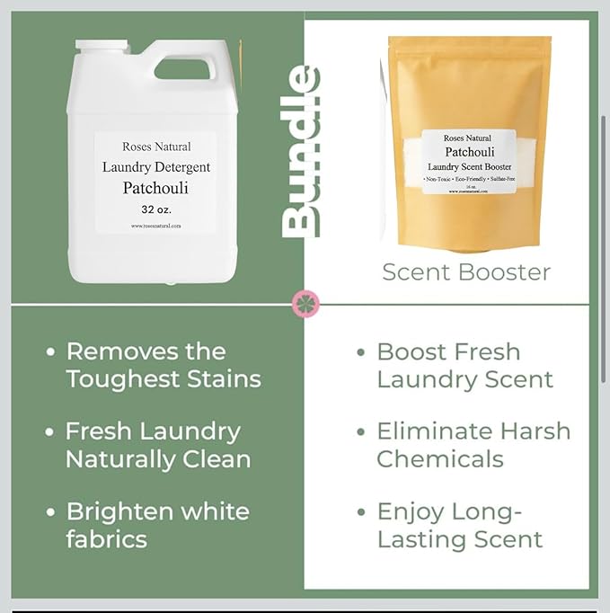 Patchouli Laundry Detergent & Scent Booster Bundle – 32 oz Detergent + 32 oz Booster, Long-Lasting Freshness, Natural Plant-Based Laundry Set, Eco-Friendly & Sulfate-Free, Made in USA