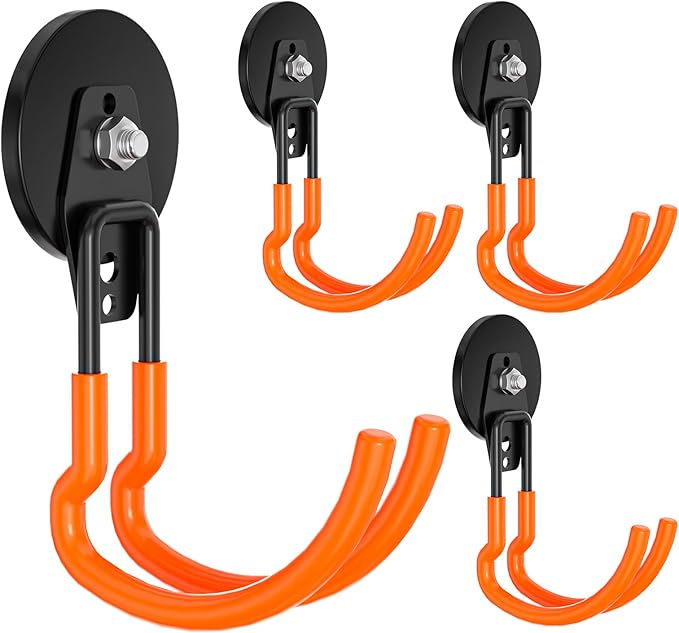 Heavy Duty Magnetic Utility Hooks ，J-Type Storage Hooks, with Anti-Slip Layer, Suitable for Metal Cabinets, Hanging Boards, Garage Shelves, Gardening Tools (Orange 4 pcs)