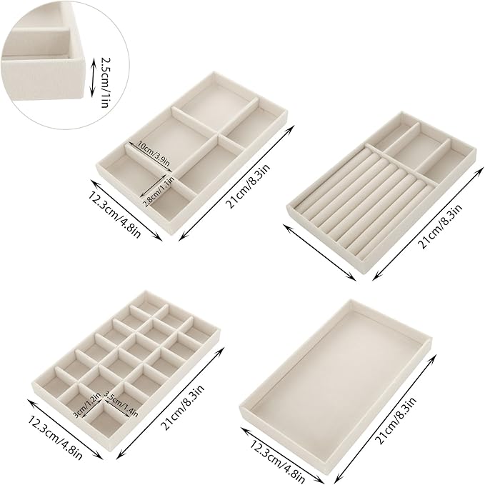 GBACHOOSE Set of 8 Velvet Jewelry Tray, Jewelry Drawer Organizer Stackable Jewelry Drawer Inserts for Earring, Ring, Brooch, Watch, 8.3"x4.8"x1"(4 Styles)