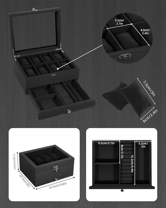 Uten 8-Slot Watch Box, 2-Layers Solid Wood Watch Display Case with Glass Lid, Watch Holder Organizer with Soft Pillow and Velvet Lining, Watch and Jewelry Storage Box, Black