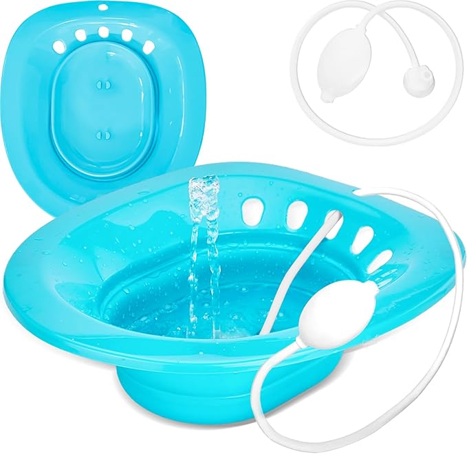 Pochik Sitz Bath for Toilet Seat Hemorrhoids and Postpartum Care, Yoni Steam Seat, Perineal Soaking, Collapsible, Flusher Hose, Drain Holes, Wider Seating Area - Navy