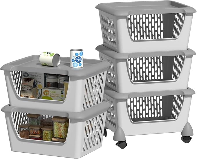5 Pack Plastic Stackable Storage Bins for Pantry, Open Stacking Storage Basket with Wheels, Gray