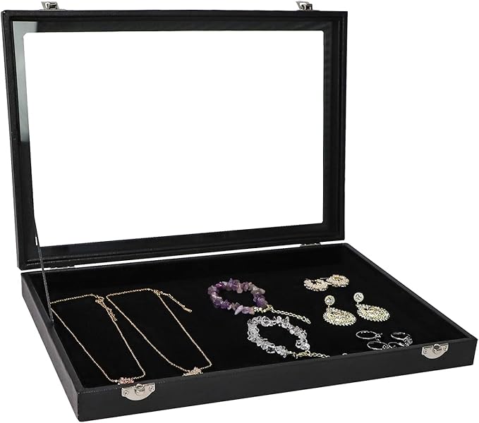 Wudygirl Jewelry Organizer Velvet Jewelry Tray Showcase Display Case Storage Necklace Bracelet Ring Earring Organizer Box Stackable Clear Lid Lock(Multi Jewelry Box)