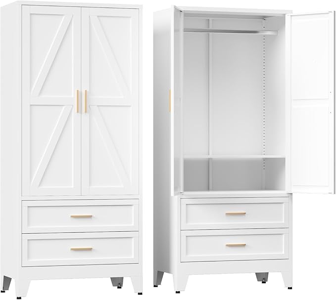 COFaR Metal Wardrobe Closet with Doors, 71'' Tall Farmhouse Bedroom Armoires with Drawers and Hanging Rod, Freestanding Steel Wardrobe Cabinet Coat Closet for Bedroom Home Office Garage, White