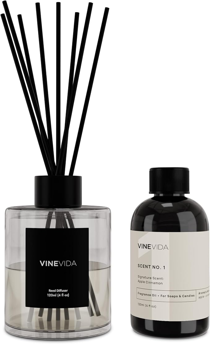 VINEVIDA Scent NO. 1 Reed Diffuser - 120mL (4oz) - Signature Scent: Apple Cinnamon, Reed Diffusers for Home, Office, Bathroom, Made in USA Scent Diffuser Sticks, Room Fragrance Diffuser