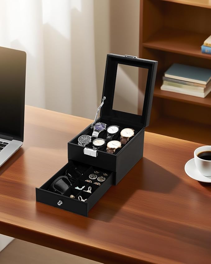 Uten 6-Slot Watch Box, 2-Layers PU Leather Watch Case with Glass Lid, Watch Holder Organizer with Soft Pillow and Velvet Lining, Watch and Jewelry Storage Box, Black