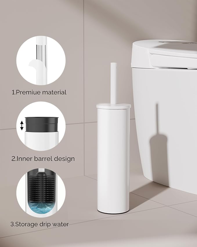 WZKALY Toilet Brush and Holder Set, Stainless Steel Toilet Bowl Brush with Lid, Rust Proof Toilet Cleaner Brush with Caddy, Durable Bristles, Splash Proof, Ideal for Bathroom（1 Pack, White）