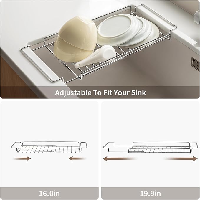 LANZYLO Expandable Stainless Steel Dish Drainers for Kitchen Counter, Dish Dryer Rack for Inside Sink, Over The Sink Dish Racks 1PCS, Silver (Medium)
