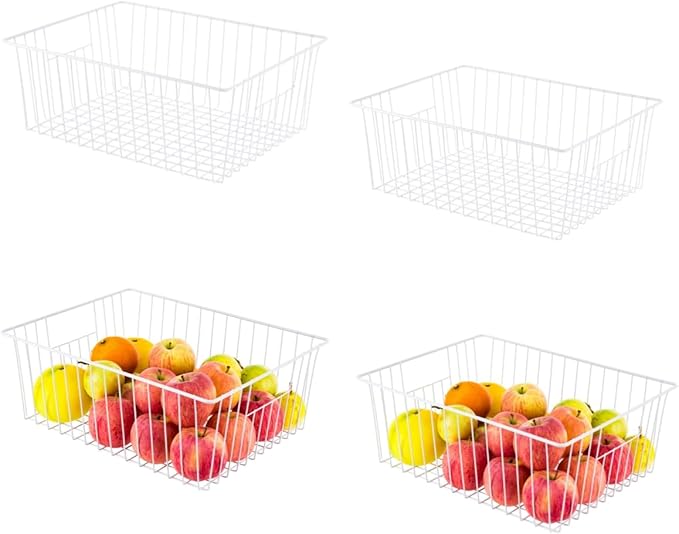 Nprohuge Freezer Organizer Bins, Upright Freezer Baskets for 16, 17, 21 cu.ft Standup Freezer, Wire Storage Baskets with Built-in Handles, 4Pcs, White