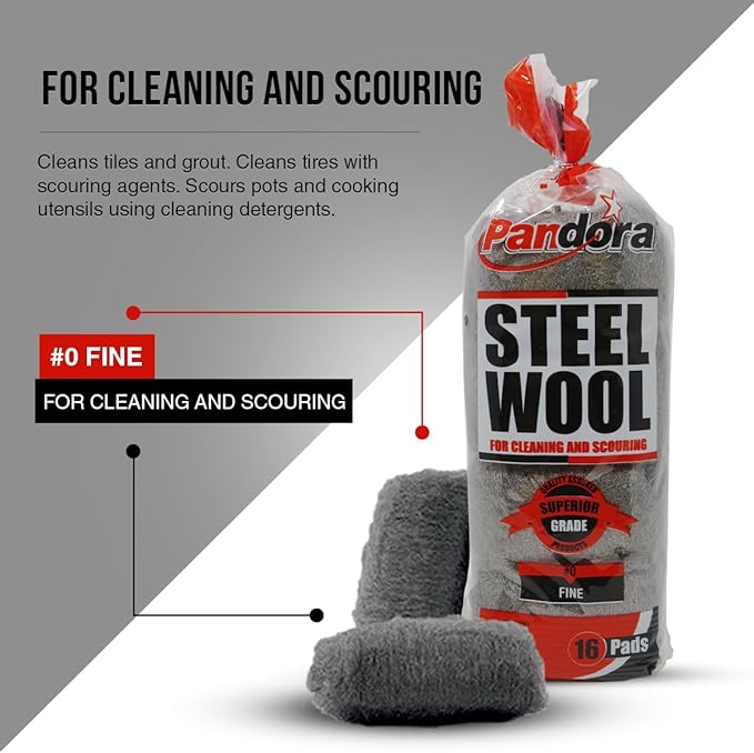 Pandora Steel Wool #0 - Fine Grade, 16 Pads for Cleaning and Scouring- Quality Metal Strands - Ideal for Cleaning Porcelain, Tile, Grout, and Shower Doors