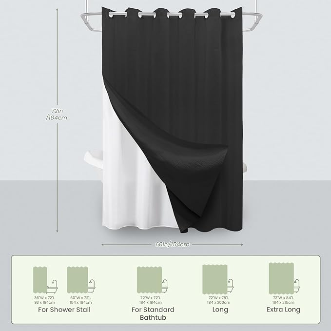 Inhousolu No Hook Waffle Weave Shower Curtain with Removable Snap in Fabric Liner Set for Bathroom, 230 GSM Heavy Duty Weighted Hem, Water Repellent Washable Bath Curtains, 60 x 72 Inch, Black