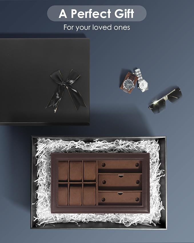 Kukikan Watch Jewelry Box Organizer, 6-Slot 2-Layer Watch Case and Sunglasses Storage with Large Glass Lid, Men's Jewelry Box with Lock, Watch Holder Display Case, Gift for Men Women