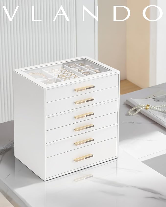 Vlando 6 Layer Jewelry Box for Women, Glass Lid Jewelry Organizer with 6 Drawers for Necklaces Rings Earrings Bracelets - White