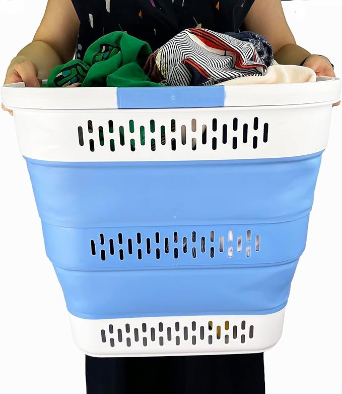 SAMMART 40L (10.5 Gallon) Collapsible Plastic Laundry Basket with Handles - Foldable Pop Up Storage Container/Organizer - Portable Laundry Hamper - Space Saving (1, Grey/Little Boy Blue)