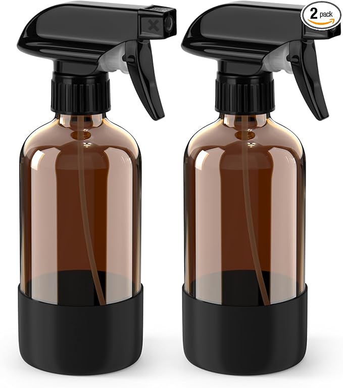 Bontip Glass Spray Bottle with Silicone Sleeve Protection, Amber Glass Spray Bottle Set for Window Cleaner Aromatherapy Facial Hydration Watering Flowers Hair Care 2 Pack/8 oz (Black)