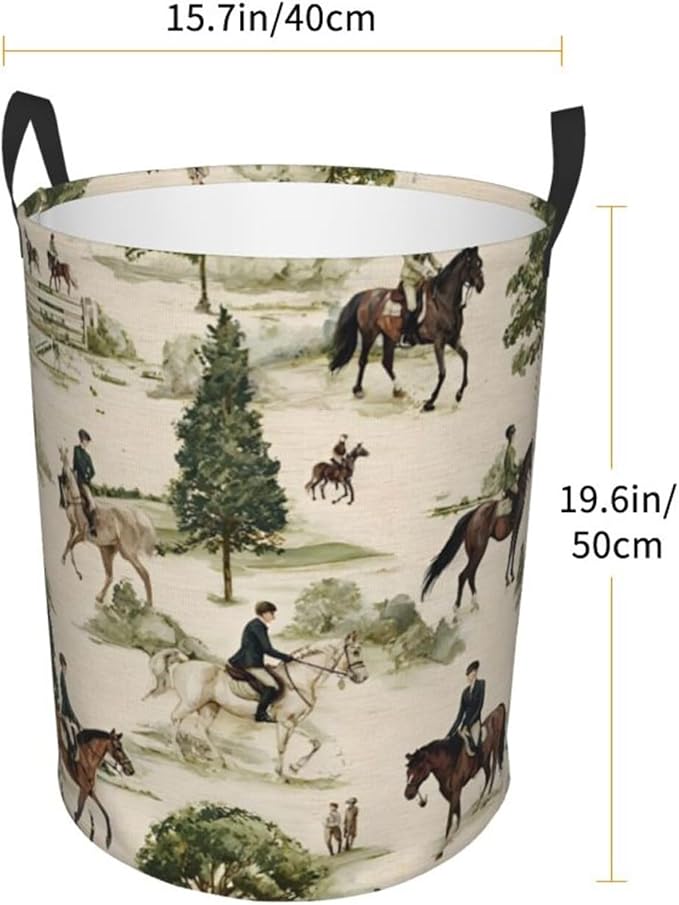 Laundry Hamper with Handles, Horse Riding Pattern, Collapsible Storage Basket, 15.7x19.6 inches (Vintage Equestrian Horse Racing)