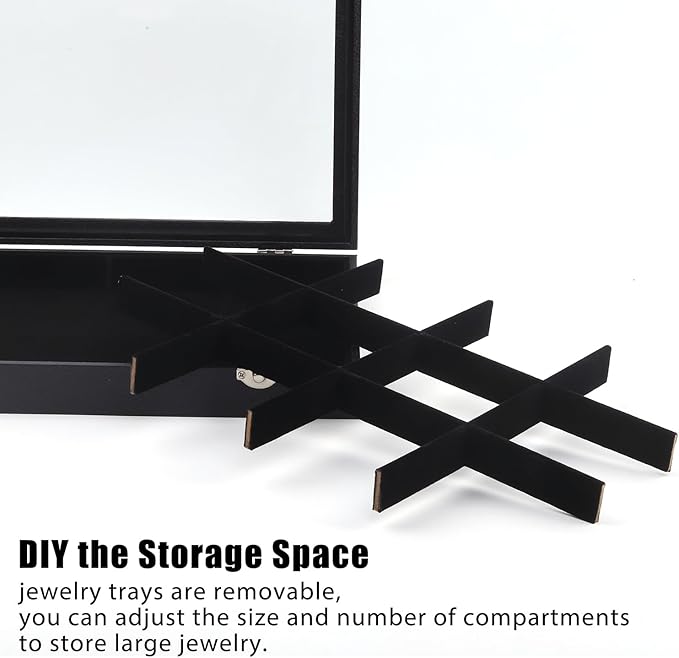 Lainrrew 12-Grid Velvet Lined Jewelry Organizer Box, Lockable & Transparent Lid, Compact Earring & Ring Holder, Durable Necklace Storage, 13.8"x9.5"x1.9", Elegant Gift-Ready Case(12 Grids)