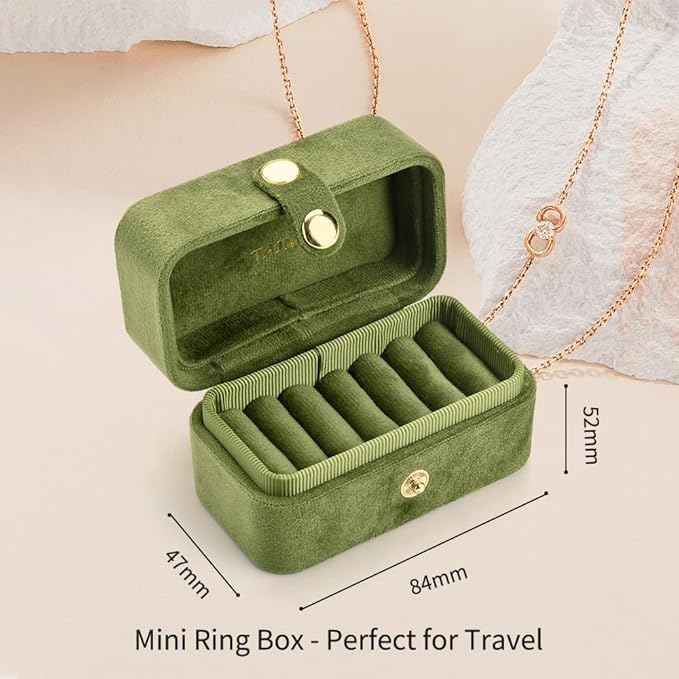 TAIMY Travel Jewelry Case, Portable Pocket Size Small Plush Velvet Ring Box for Women, Mini Ring Holder and Organizer with 7 slots for purse(Avocado Green)