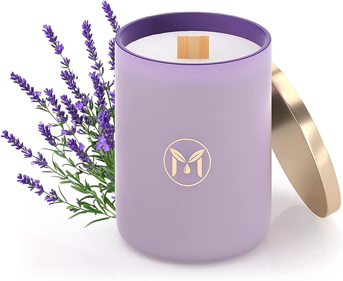 MyrrhUSA Lavender Blossom Scented Candle – 15oz Natural Soy Wax with Crackling Wooden Wick & Essential Oil, 80 Hour Burn | Luxury Aromatherapy Candle for Relaxation, Home Décor, Living Room & Bathroom