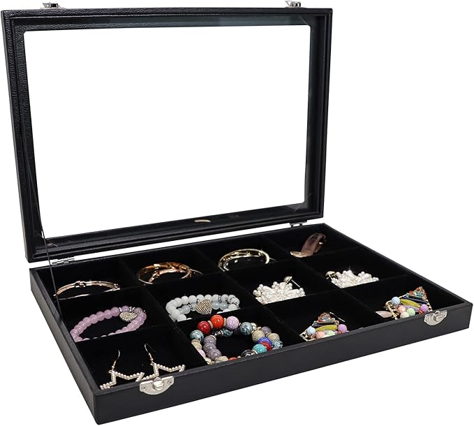 Wudygirl Jewelry Tray 12 Grid Jewelry Organizer with Clear Lid Bracelet Holder Organizer Display Case Removable, Black Velvet (12 Grid)