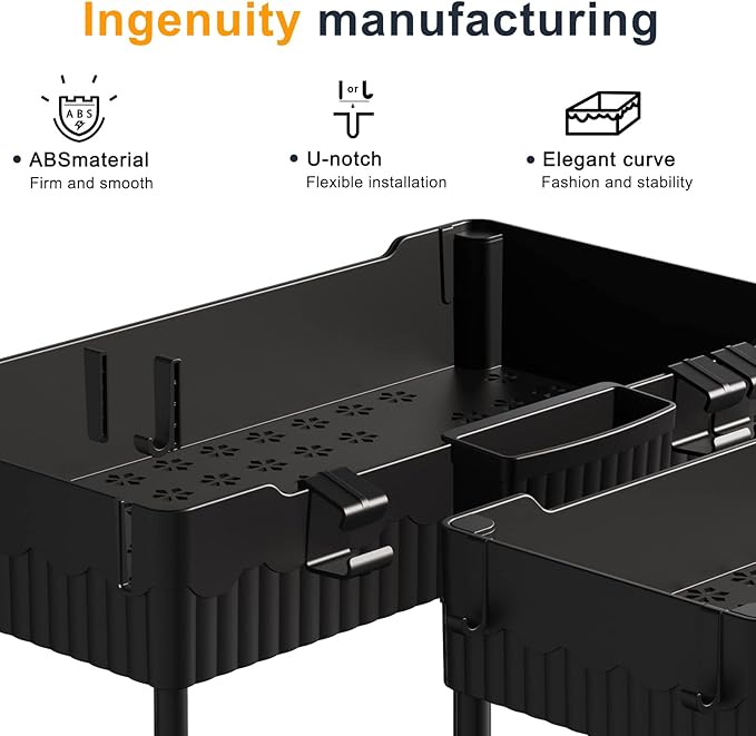 Sevenblue 2 Pack Under Sink Organizer, Under Bathroom Cabinet Organizer with Hooks Hanging Cup, Multi-Purpose Storage Shelf for Kitchen Bathroom (Black, XL)