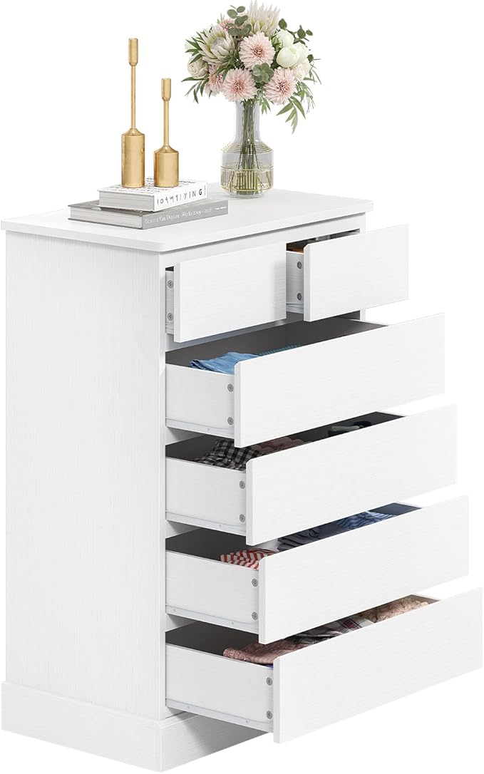 Hasuit 6 Drawer Dresser for Bedroom, Tall Chest of Drawers Storage Organizer for Closet, Modern Clothes Storage Tower with Ample Storage Space, White