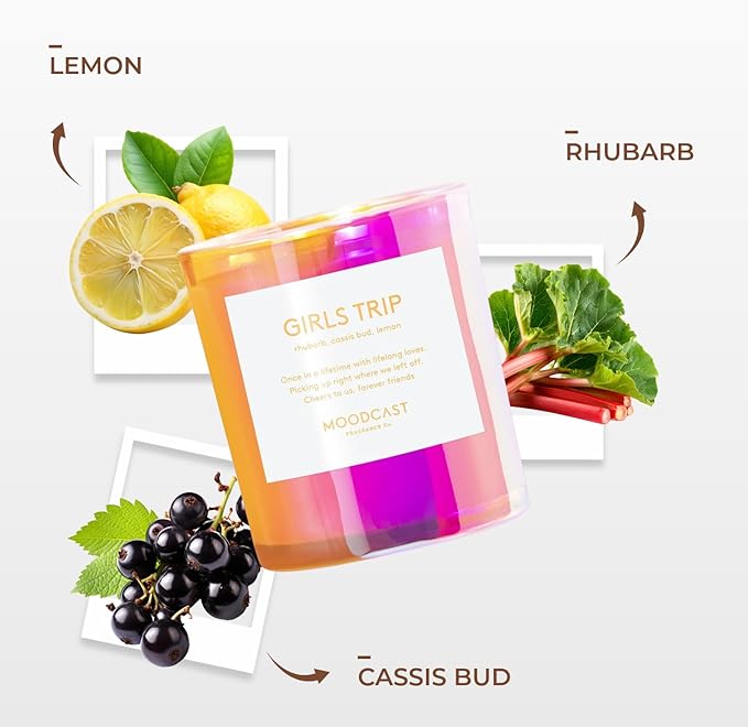 Moodcast Girls Trip Scented Candle - Aesthetic Candle for Home, Lemon, Rhubarb & Cassis Bud, Clean Coco Wax Blend, Vegan, Paraben Free, 45-Hour Long Lasting Burn - 8oz