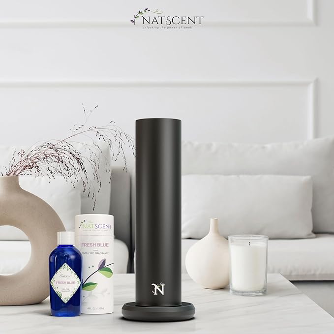 Dynamo Essential Oil Diffuser with Fresh Blue Essential Oil, Bundle of Smart Waterless Diffuser & Essential Oils for Diffusers for Home, Office, Spa – Black
