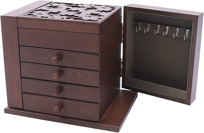 Wooden Jewelry Box for Women, 5-Layer Wooden Jewelry Organizer Boxes with 4 Drawers, Vintage Solild Wood Storage Case for Jewelries, Watches, Necklace, Ring (Dark Brown)