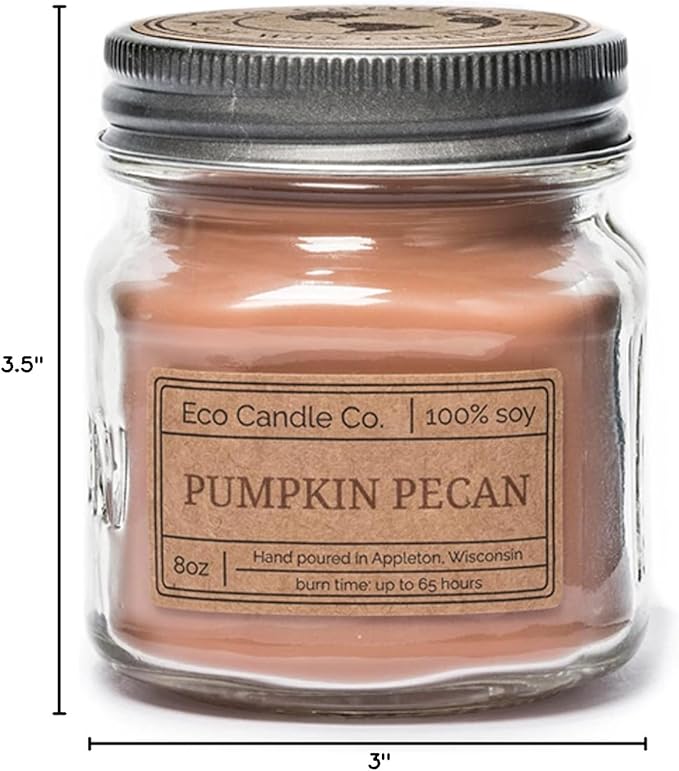ECO CANDLE CO. Mason Jar Candle, Pumpkin Pecan, 8 oz. - Scents of Pumpkin, Pecans, & Maple Syrup - 100% Soy Wax, No Lead, Kraft Label & Antiqued Pewter Lid, Hand Poured, Midwest Grown Soybeans