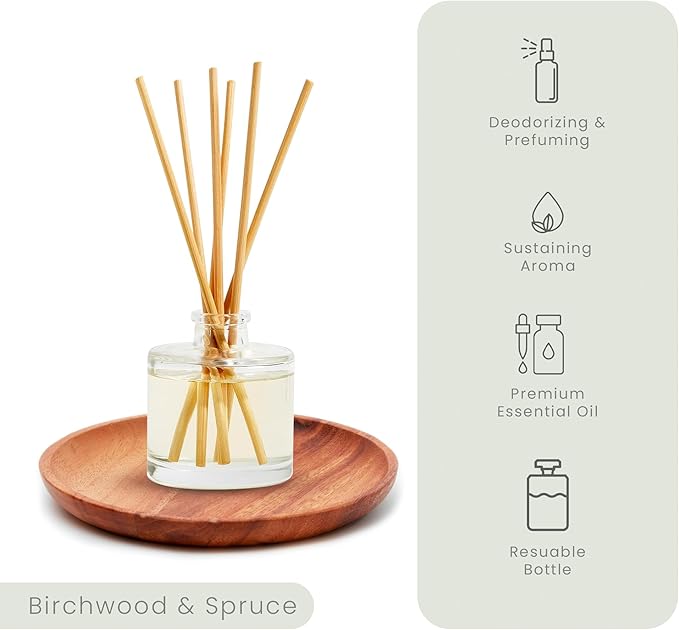 Hillhouse Naturals Birchwood & Spruce 4oz Diffuser. with fragrances of Aspen Birchwood, Spruce and Bergamot. Diffuse time 3-4 Months. Made in The USA.