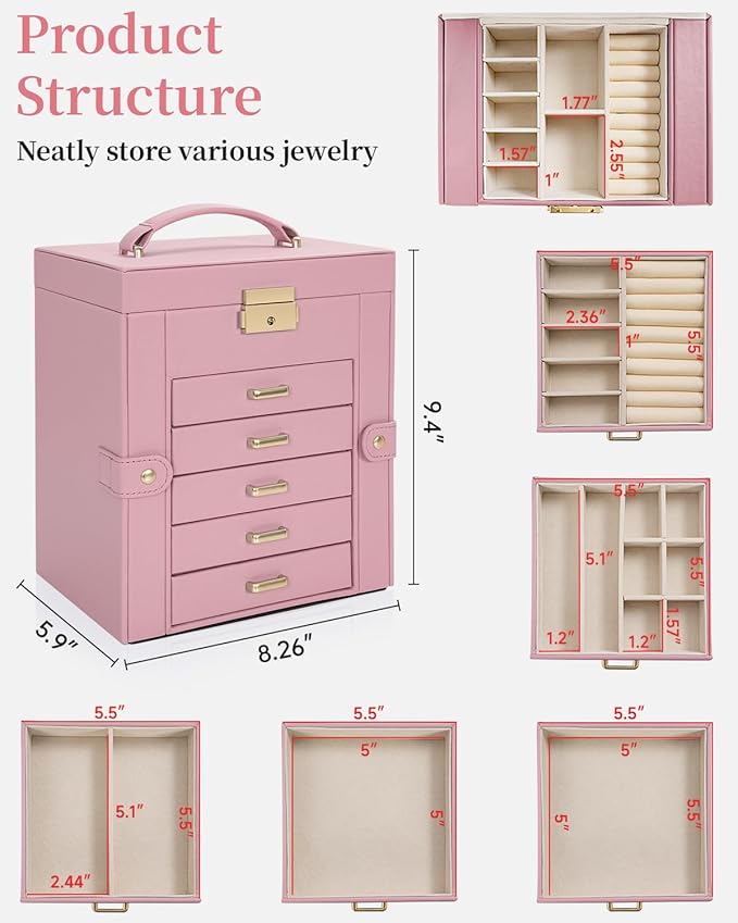 TORIBIO Large Jewelry Box for Women, Leather Jewelry Organizer with Mirror & Lock, 6-Tier Jewelry Storage Case for Girls/Women/Mothers, Necklace Earring Bracelets Holder Organizer