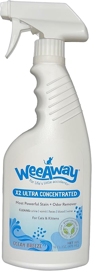 Wee Away X2 Ultra-Concentrated Stain & Strong Odor Eliminator, Enzyme Cleaner, Pet Odor Eliminator for Home - Cat & Kitten Urine Destroyer - Carpet Cleaner Spray, Ocean Breeze, 16 fl oz