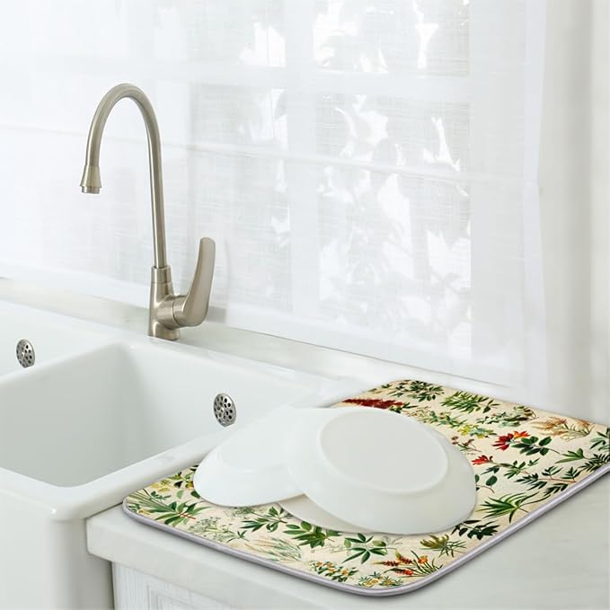 Hexteria Dish Drying Mat For Kitchen Counter Absorbent Dish Mat Microfiber Drainer Drying Kitchen Mat 18x24 In Quich Dry Mat, Botanical Garden