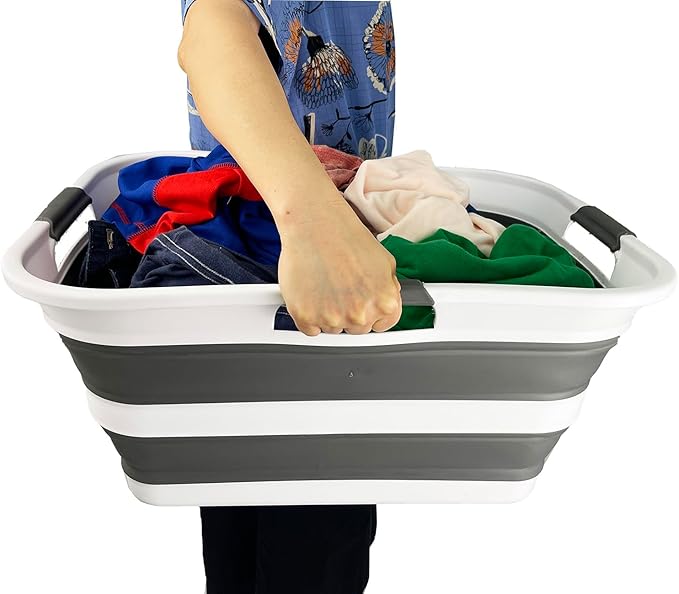 SAMMART Collapsible Plastic Laundry Basket Washing Tub Foldable Pop Up Storage Container-Space Saving/Portable Laundry Hamper. Ideal for Home, Travel, Dorm, and Camping (White/Steel Grey, 42L)